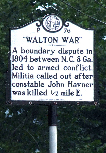 This highway marker memorializing the site of the 1804 Walton War is in Translyvania County, North Carolina.