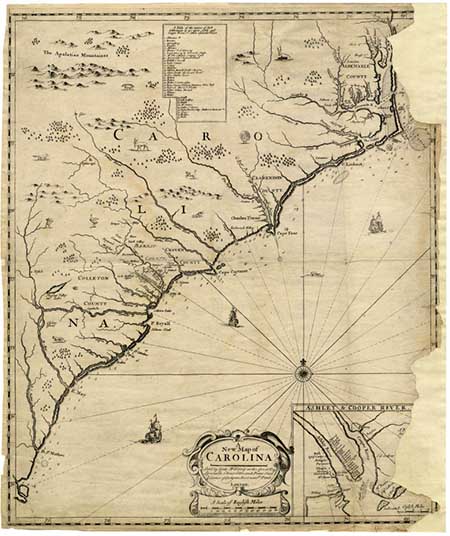 This is an image of "A New Map of Carolina", made by English mapmakers George Wildey, John Thornston, Robert Morden, and Philip Lea in 1685. Compare it to the Theodor De Bry's map of 1590. From the collection of the State Archives of N.C. Click on the image to explore and zoom in on a larger version.