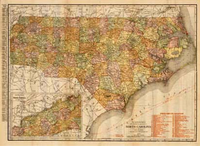 This is an image of the "Rand McNally New Map of North Carolina." It was created in 1916, after the state added it's last two counties, Hoke and Avery, to make 100. Compare this map to the others. How is it different and similar? From the State Archives of N.C.