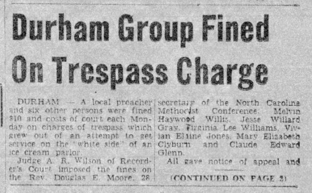 Front page article on the initial Royal Ice Cream Parlor sit-in of June 23, 1957. This article was published on June 29, 1957 in the Carolinian, the African American affairs newspaper published in Raleigh, N.C. Click on this image to read the full article.