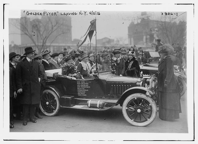 Photograph of Nell Richardson and Alice Burke in their car, getting ready to leave New York in 1916 for a cross-country trip to promote women's suffrage. They called their car the "Golden Flyer." Image from the collection of the Library of Congress.