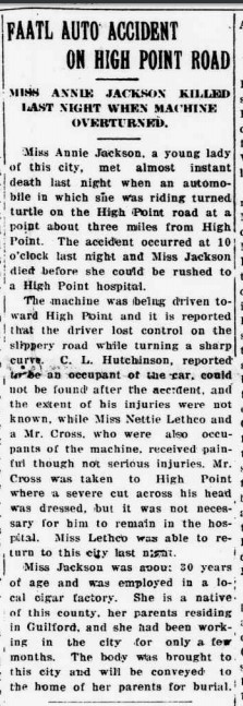 Image of a newspaper account from June 6, 1920 of a fatal car accident near High Point and Jamestown, N.C. From UNC-G Digital Collections.
