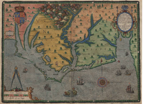 "Map of Virginia," an early European map of the region that became North Carolina, created by Theodor De Bry, a German mapmaker, in 1590. This map is in the North Carolina Collection at UNC-Chapel Hill.