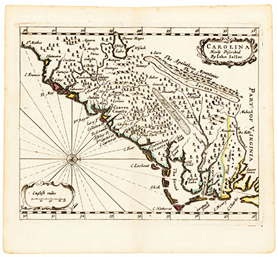 Map created circa 1682 depicting the coastal region from Jamestown, Virginia southward along the North Carolina coast. Image courtesy of The North Carolina Collection at the University of North Carolina at Chapel Hill.