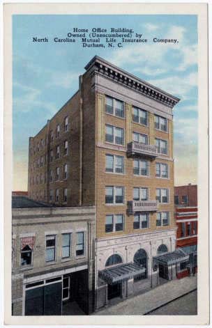 Postcard image of the North Carolina Mutual Life Insurance Company building, Durham, N.C. The company was the first black-owned insurance company in the state and grew to be the largest black-owned insurance company in the country. Growing its mission into both business and social welfare, the company became an anchor of Durham's "Black Wall Street." Image from NC Postcards at UNC-Chapel Hill.