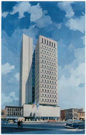 Postcard image of the "New Wachovia Building" in Charlotte, N.C. Built in 1958 and designed by architect A.G. Odell, the concrete-clad building was billed as the tallest tower in the Southeast at the time and survives today at 129 West Trade Street. Image from the NC Postcards Collection, UNC-Chapel Hill.