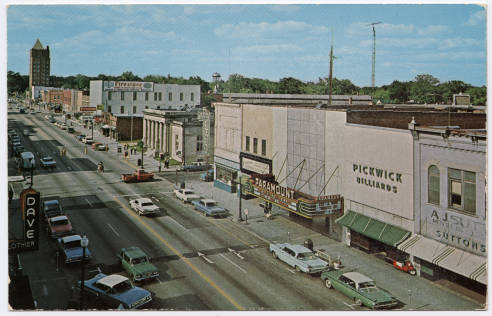 Postcard image of downtown business district on Queen Street in Kinston, N.C., ca. 1960s. From the Durwood Barbour Collection of NC Postcards, UNC-Chapel Hill.