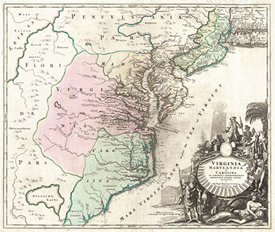 A map created by Johann Homann circa 1715. This hand colored map illustrates the borders of Carolina and Virginia at the time. Image courtesy of Wikimedia Commons. 