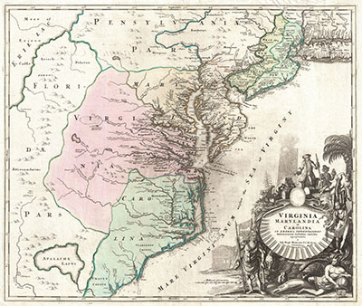 A map hand colored map illustrates the borders of Carolina and Virginia at the time.