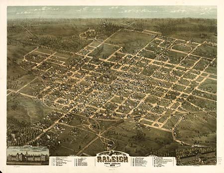 Bird's eye view illustration of the city of Raleigh, N.C., 1872. Although not drawn to scale, it gives a good idea of the size and environs of the once sleepy but growing city in the 1870s. From the Library of Congress.