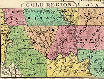 Excerpt of  H.S. Tanner's 1836 map "A New Map of North Carolina with its Canals, Roads & Distances from place to place," showing the Gold Region of the state. From the collection of the State Archives of N.C. Click on the image to view the full size map online at NC Maps.