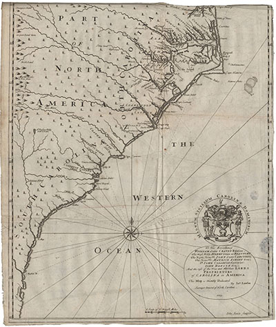A 1709 map of North Carolina. Features Bath, Roanoke, and other early coastal towns of North Carolina.