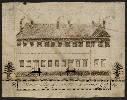 An architectural drawing of Old East circa 1797. Old East was the first building at the University of North Carolina at Chapel Hill. Still standing today, is also the nation's oldest university building. Courtesy of The Carolina Collection at UNC Chapel Hill.