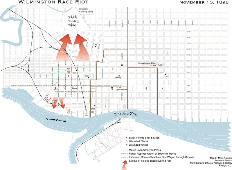 A map illustrating the march and destructive path of white supremacists during the Wilmington Coup.