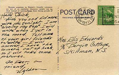 Image of postcard note from Weldon Burlison to Elsie Edwards, postmarked November 1941. Image from the Weldon C. Burlison Collection, Military Collection, State Archives of North Carolina. Used with permission.