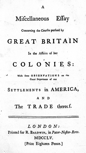The title page of Henry Mcculloh's 1755 pamplet, "A miscellaneous essay concerning the courses pursued by Great Britain in the affairs of her colonies."