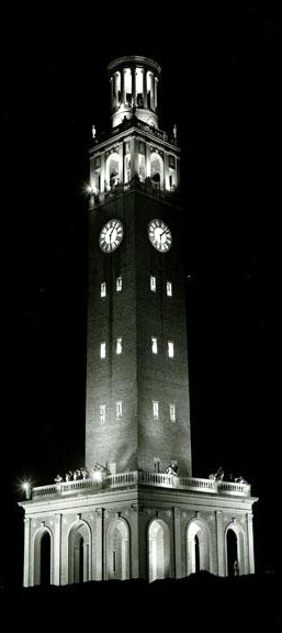 Photograph of the Morehead-Patterson Bell Tower at the University of North Carolina at Chapel Hill, 1953. Image from the North Carolina Museum of History. 