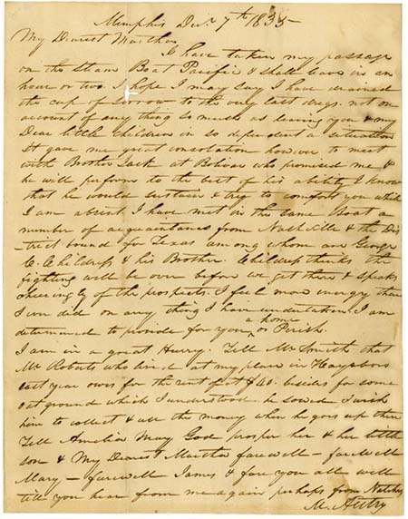 Image of Letter from Micajah Autry to Martha Autry, December 7, 1835, from the James Lockhart Autry family papers at Rice University.