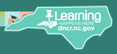 A teal state of North Carolina with the titular "learning happens here" text superimposed. 