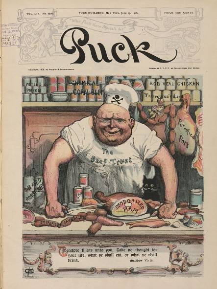 A magazine illustration showing the meat industry as a scary butcher selling poisoned, rancid meats. 