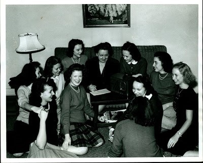 Harriet Elliott is pictured surrounded by her students waiting election results in the 1940s, Harriett Elliot, courtesy of University of North Carolina at Greensboro Special Collections and University Archives.