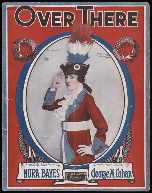 A poster depicting a flamboyant person waving. It reads "over There."