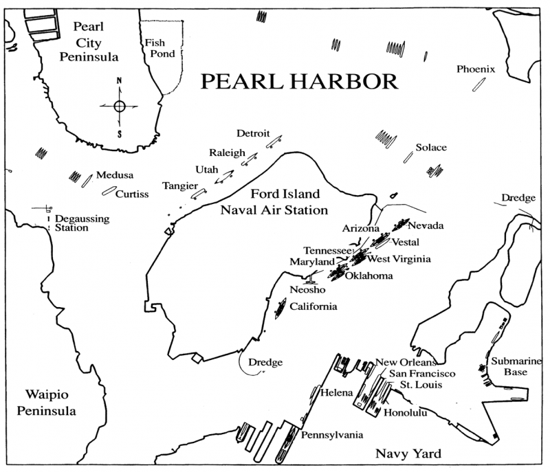 A map depicting ships and their garrisons in Pearl Harbor prior to the Japanese attack.