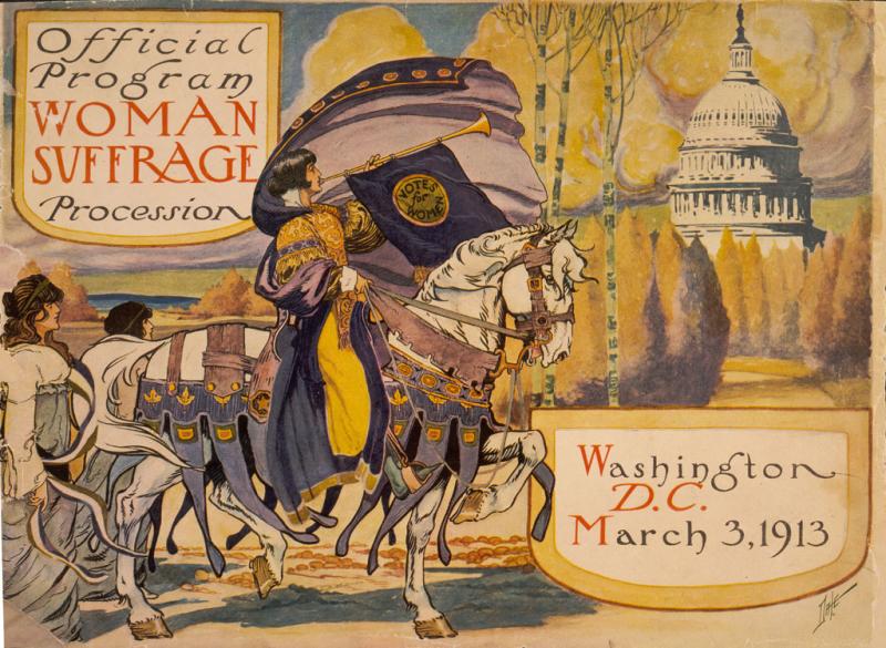 A program promoting suffrage. Women on horseback and on foot march towards to U.S. capitol.
