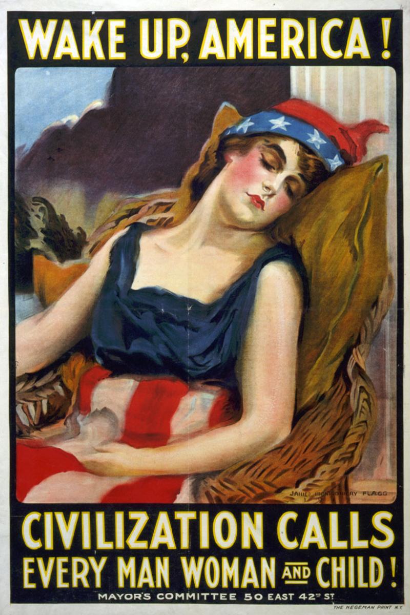 A poster depicting a sleeping woman in the American flag.