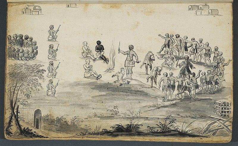 A drawing of Baron Christoph Von Graffenried and John Lawson held captive by the Tuscarora Indians.