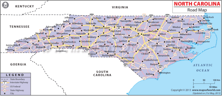 A map depicting North Carolina highways.