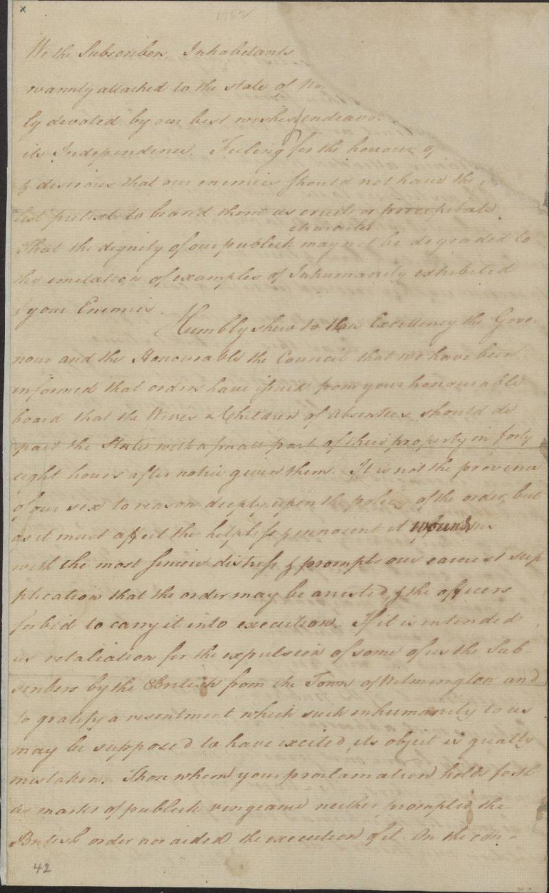 A petition to protect families of loyalists Handwritten image of "A Petition to protect families of loyalists"