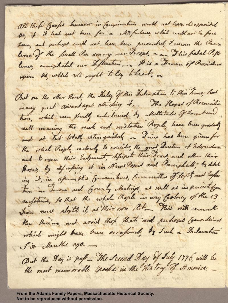 <img typeof="foaf:Image" src="http://statelibrarync.org/learnnc/sites/default/files/images/adams_had_declaration_p2.jpg" width="1307" height="1734" alt="Letter from John Adams to Abigail Adams, 3 July 1776 - Had a declaration..." title="Letter from John Adams to Abigail Adams, 3 July 1776 - Had a declaration..." />