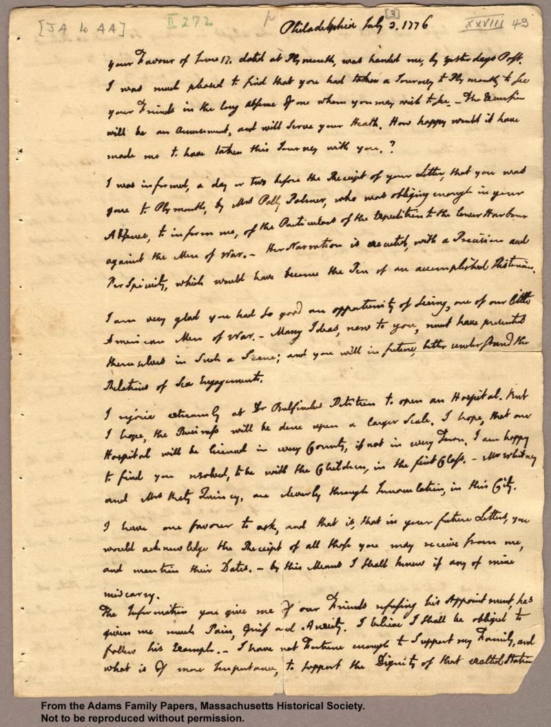Letter From John Adams To Abigail Adams 3 July 1776 Page 1 Ncpedia Letter From John Adams To Abigail Adams 3 July 1776 Page 1 Ncpedia