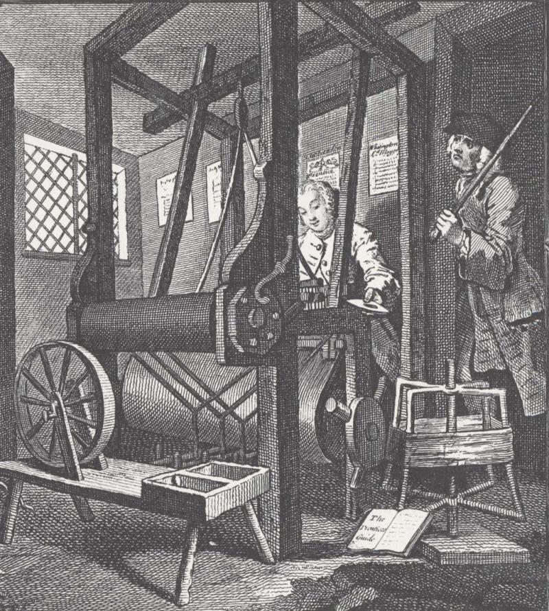 Weaving apprentice in a shop. He is being supervised while operating the machine. Black and white drawing in print. 