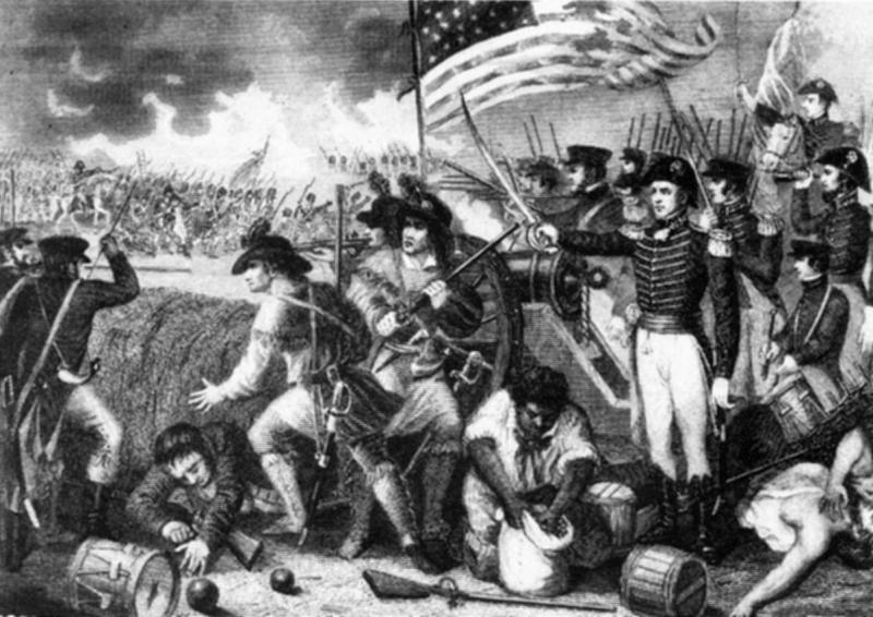 The Battle of New Orleans depiction. Soldiers stand in rank around artillery battery. A commanding officer points his sword. 