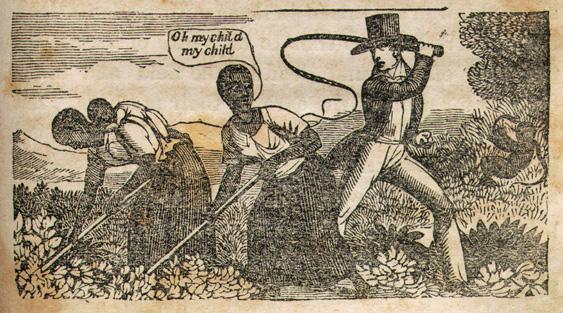 Depiction of enslaved people being whipped by their enslaver. A female enslaved woman is saying "oh child my child". The enslaver is dressed in fancy clothes and the enslaved people are wearing field clothes. 