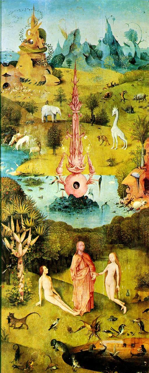 Depiction of the Garden of Eden. It is mythical and whimsical, with pastel colors illustrating humankind, their creator, and animals. 