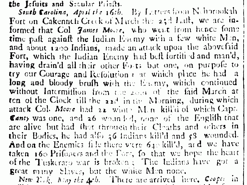 The Boston News-Letter reports on the Tuscarora War, 1713