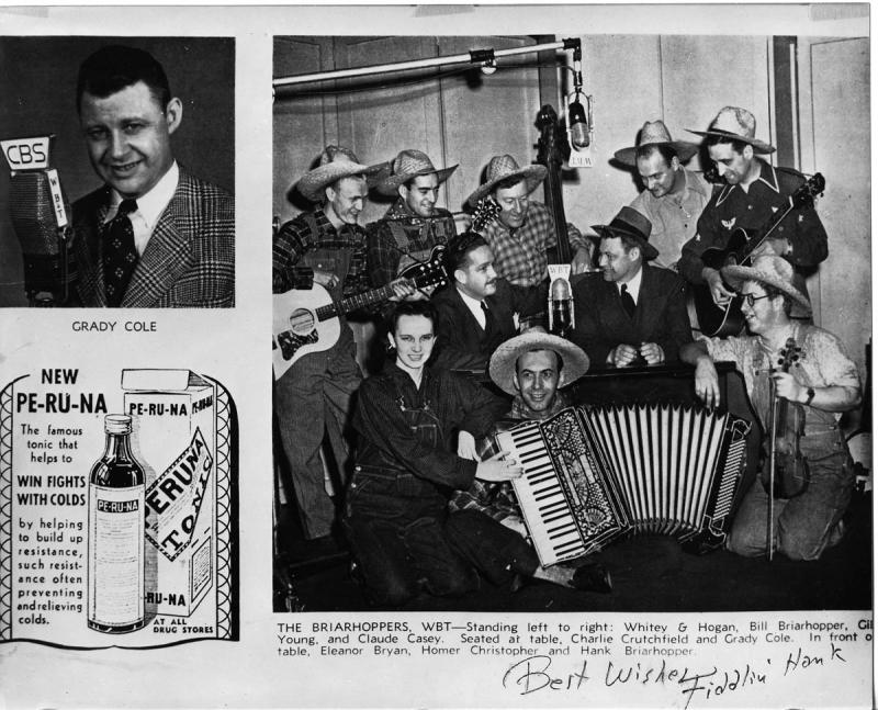 A magazine advertisement for the Briarhoppers. Ten men perform with various instruments in a recording studio.