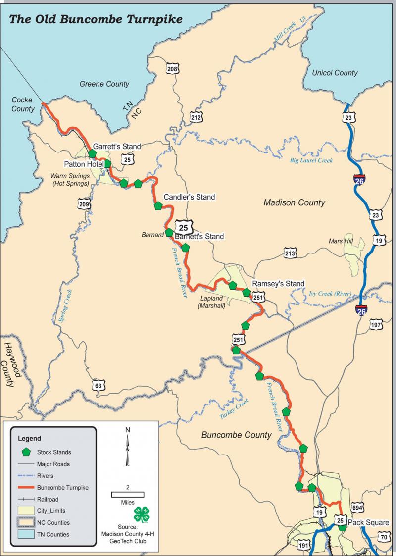 A map depicting the Buncombe Turnpike. It spans from the Tennessee border down to Asheville. 