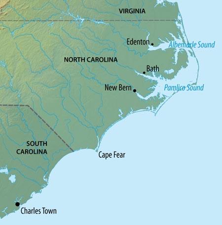 Map of early Carolina settlements. They are in eastern NC along major rivers.