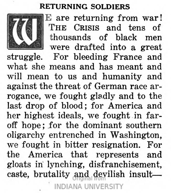 Image of the first paragraph of an editorial, "Returning Soldier", by WEB Du Bois and published in The Crisis (18: May 1919).