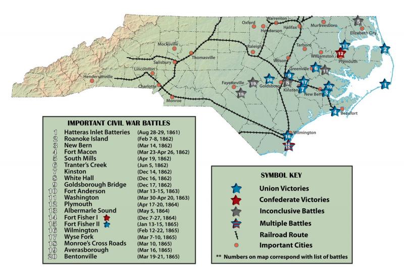 A map depicting Civil War engagements, towns, and railroads in North Carolina. 