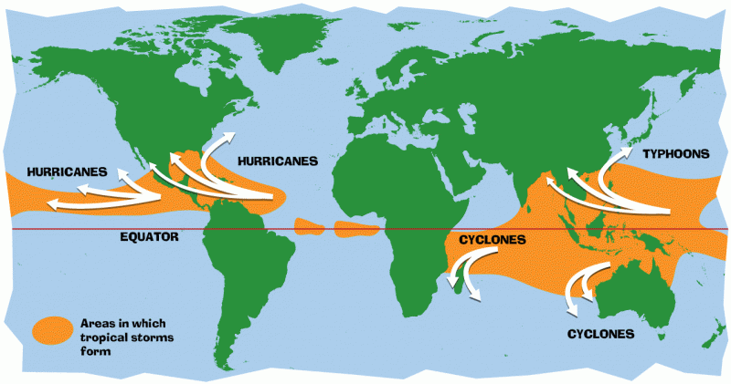 A map depicting the formation patterns of hurricanes along earth's equator.