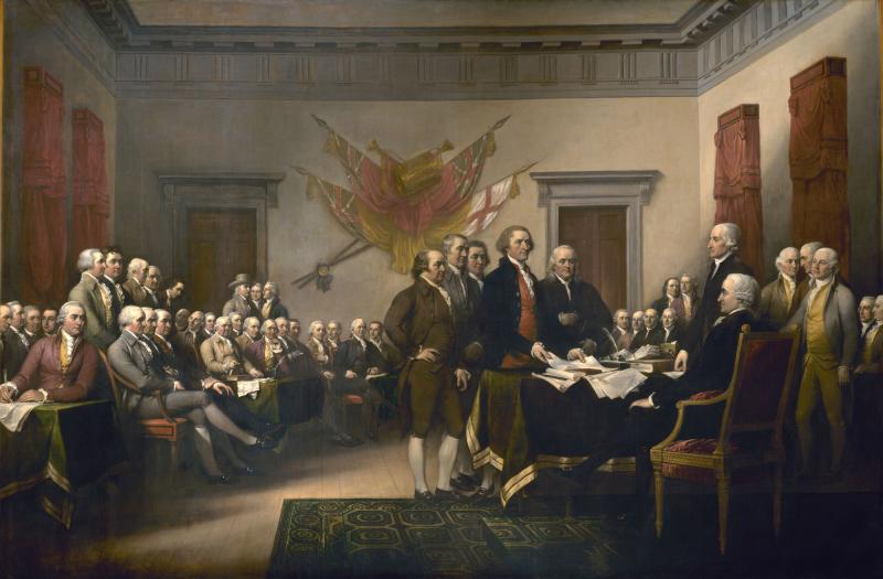 John Trumbull's famous painting, Declaration of Independence, depicts the presentation of the first draft of the Declaration of Independence to the Second Continental Congress on June 28, 1776 in Philadelphia.