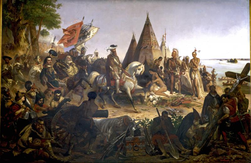 De Soto is pictured in the center of the painting with armor and a white horse. He is surrounded by indigenous people. 
