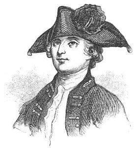 Sketch of Fanning. He is wearing a tricorn hat and a coat. He is smiling.