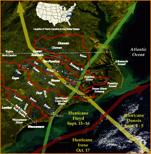 A satellite image depicting paths of various hurricanes across North Carolina.
