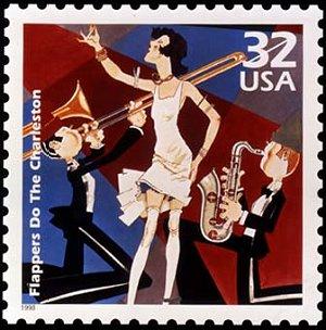 A stamp depicting a flapper and jazz band.
